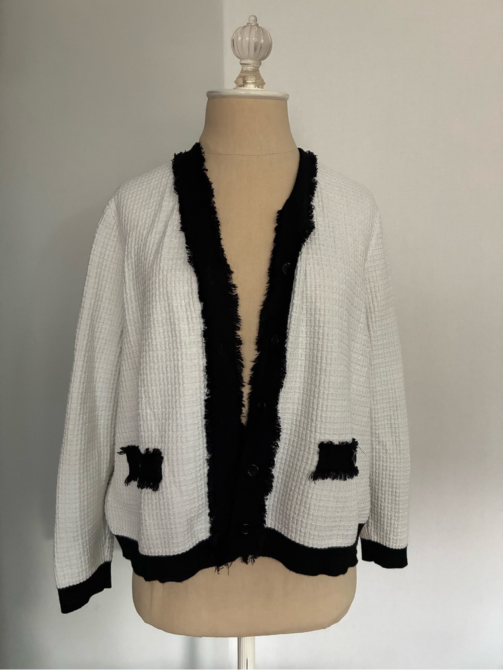 Adrianna Papell White Bouclé Jacket with Black Trim